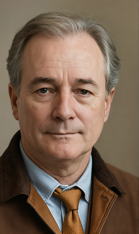 À l’apogée de sa vie Sur ce portrait, Boisjoli apparaît tel qu’il aimait se penser : sûr de lui, bien mis, soigneusement ordonné. Les traits sont détendus, le regard se veut assuré, presque conquérant. Il incarne ici le fonctionnaire européen enrichi par hasard, persuadé d’avoir trouvé la formule du succès. Les couleurs sobres et la pose maîtrisée témoignent de son désir d’être perçu comme un homme “arrivé”, stabilisé, socialement installé. Légende : Patrick Boisjoli, Bruxelles — années de pleine ascension sociale.